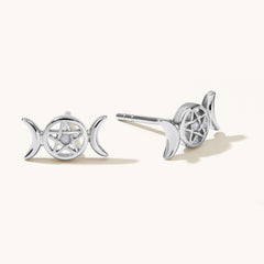 Triple Moon Goddess Pentagram Earrings