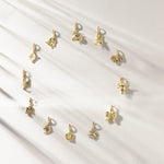 Gold zodiac charms on a white background