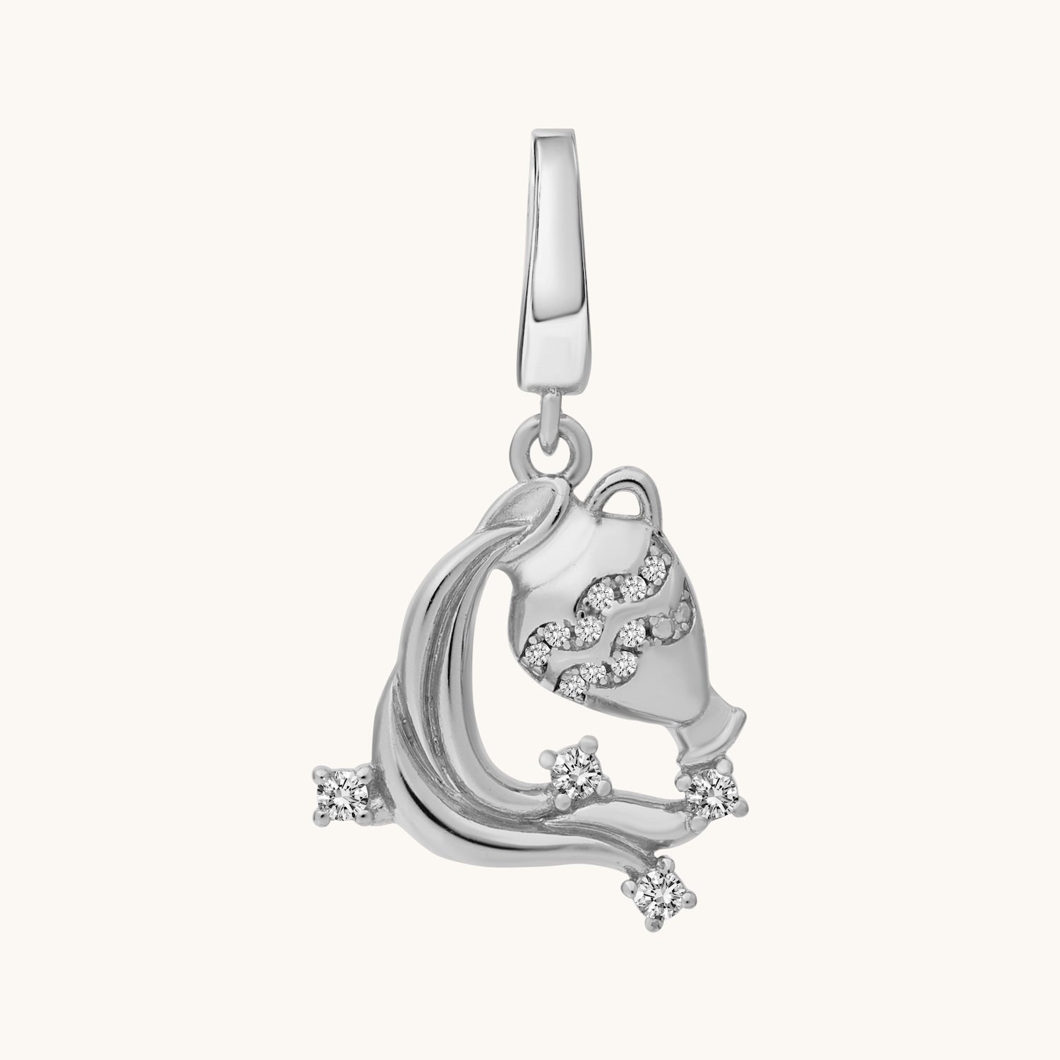 Silver pendant with intricate design of water flowing out of a jar on a white background