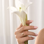 Hand holding a white flower and wearing a gold moon-shaped ring against a light background