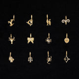 Collection of gold zodiac pendants on a black background