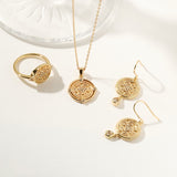 Hecate's Wheel Ring Necklace and Fish hook Earrings set in Gold on white background