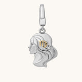 Silver pendant with a face design and gold Virgo symbol on a white background