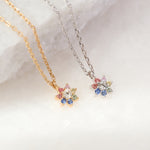 Two necklaces with colorful gemstones on a white background