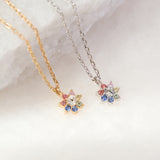 Two necklaces with colorful gemstones on a white background