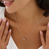 Close-up of a woman wearing a delicate silver necklace with a small pendant.