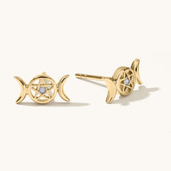 Triple Moon Goddess Pentagram Earrings