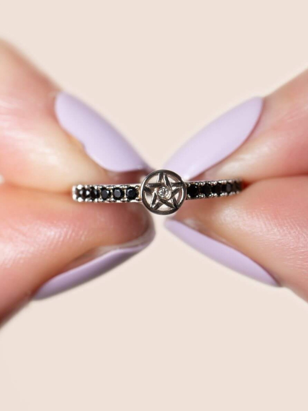 Blessed Be Magick_Pentacle Gemstone Ring Silver held by Model 3_600 x 800.png