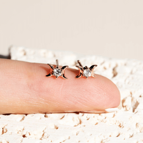 Triple Goddess Mini Stud Earrings in Rose Gold by Blessed Be Magick.png